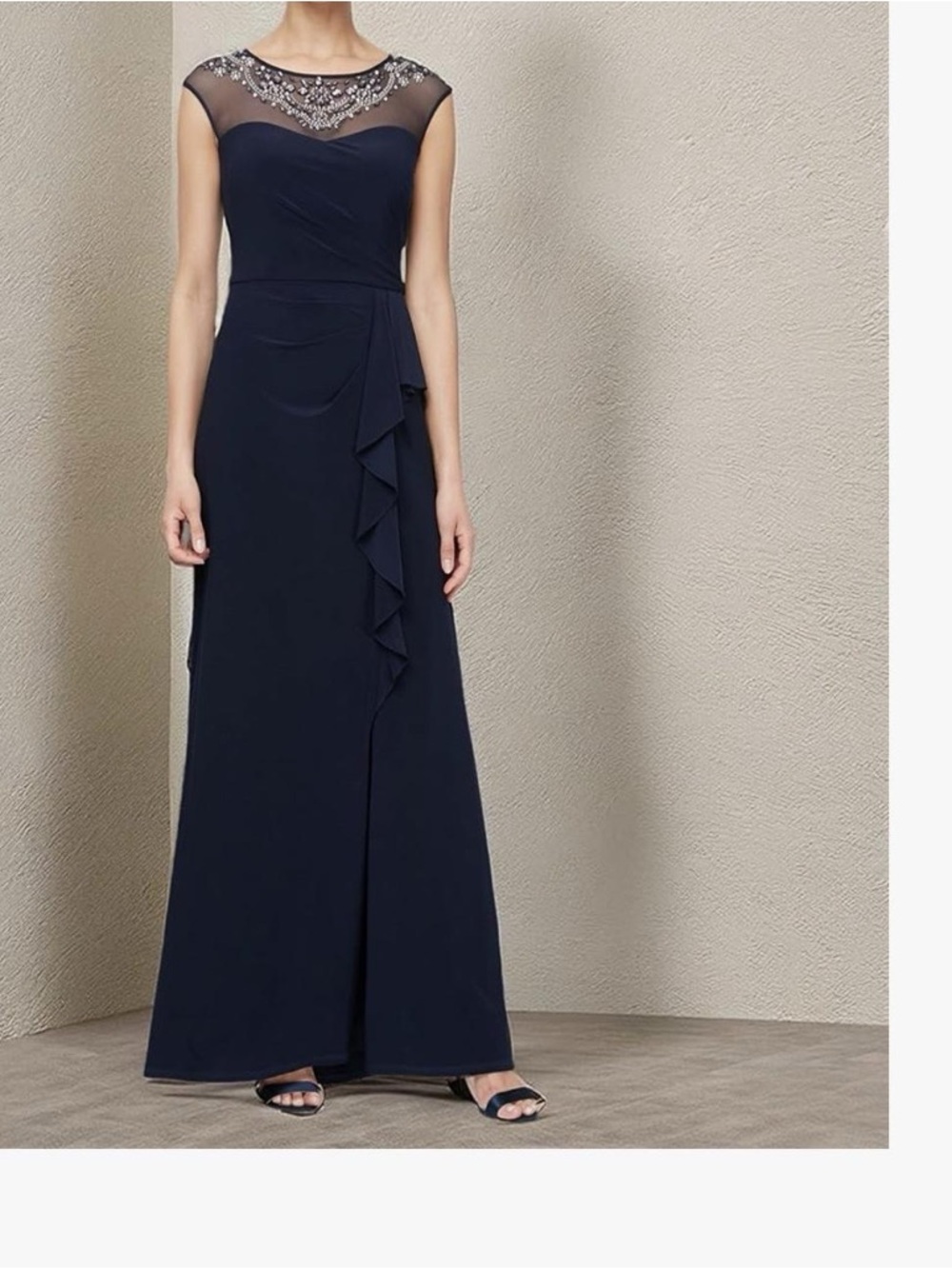 Elegant Navy Evening Gown with Beaded Illusion Neckline
Alex evenings